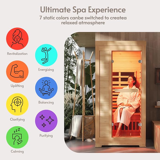 ENSTVER Infrared Wood Sauna 6.4Ft 1-2 Person, Luxury Full Spectrum Far Infrared Sauna Features Low EMF 1745w 7-Light Dynamic & Music Speakers, Canadian Hemlock Dry Indoor Saunas for Home & Gym