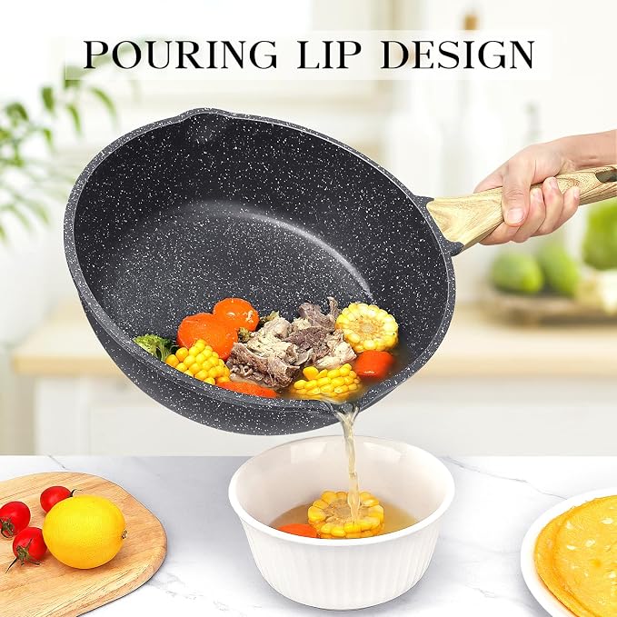 GiPP Nonstick Deep Frying Pan Skillet, 9.5" Saute Pan with Lid, Granite Induction Cookware Non Stick Cooking Pan, PFOA PFOS APEO Free