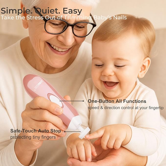 Fansidi Baby Nail Trimmer Electric, Easy & Safe Nail File for Newborn to Toddler, Whisper-Quiet Nighttime Use, Precise 4-Stage Grinding Heads, LED Light, 18-Pcs Kit, Blush Petal Pink, Baby Shower Gift