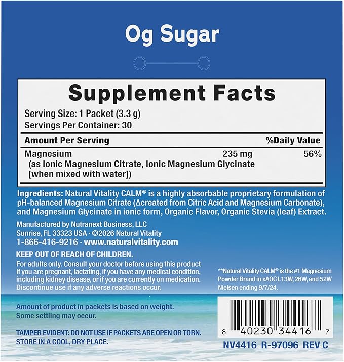 Natural Vitality Calm, Magnesium Citrate Supplement, Anti-Stress Drink Mix Powder - Gluten Free, Vegan, & Non-GMO, Raspberry Lemon, 0.12 oz, 30 Packets