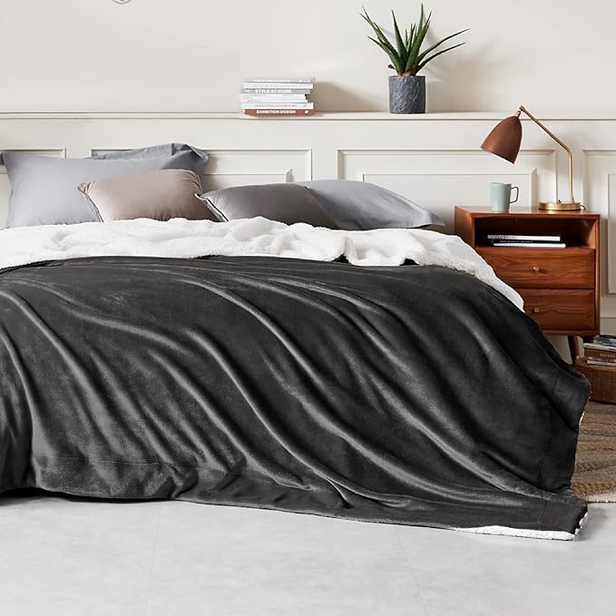 Bedsure GentleSoft Sherpa Fleece Blanket Queen Size for Bed, Non-Heated, Thick and Warm Throw for Women and Men, Soft Fuzzy Plush Queen Blanket for Winter, Charcoal, 90x90 Inches