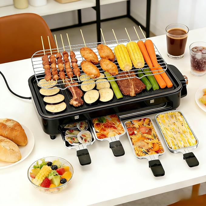 Electric Indoor Grill, 3 in 1 Smokeless Indoor Grills with Non-stick Removable Grill & Griddle Plate, Portable Korean BBQ Grills with 4 Cheese Pans, Adjustable Temperature Control, 1500W (Black)