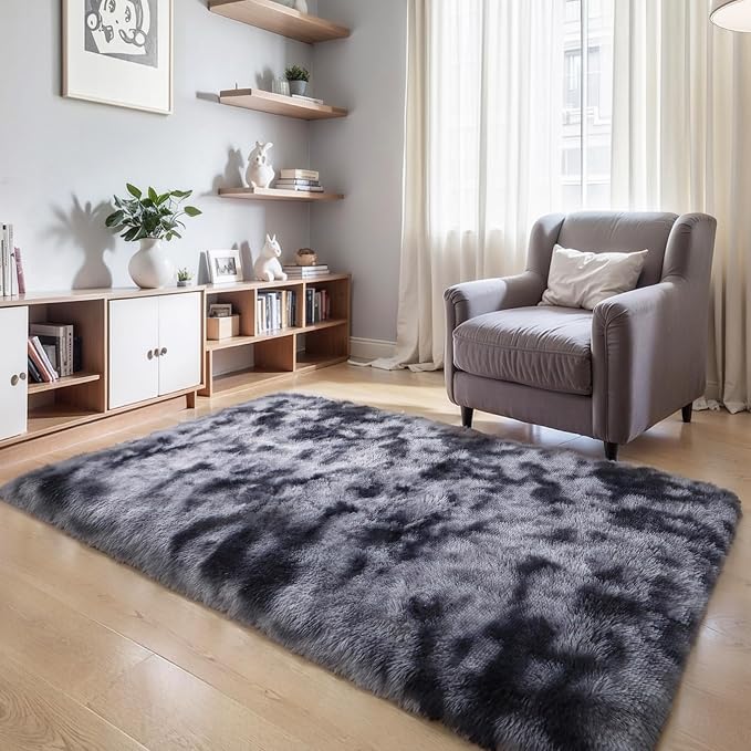 5x7 Thick Tie-dye Dark Grey Shag Rug for Bedroom, Soft Plush Fluffy Carpet | Gray Area Rug for Living Room, Kids Nursery, Dorm Room, Washable Non Slip Shaggy Floor Carpet