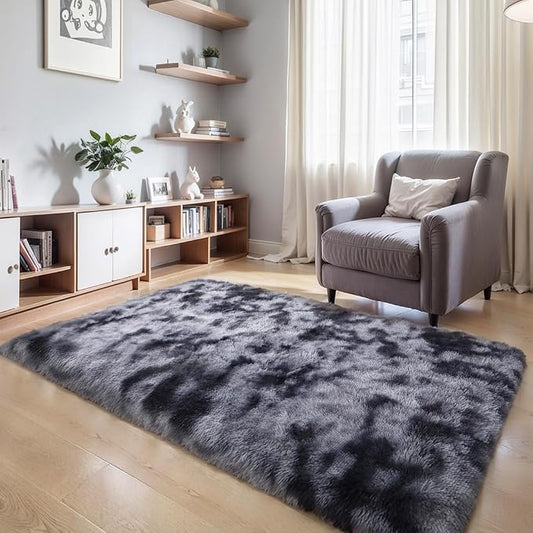 3x5 Thick Tie-dye Dark Grey Fluffy Shag Rug for Bedroom, Washable Carpet | Area Rug for Living Room, Kids Nursery, Dorm Room, Non Slip Shaggy Floor Carpet