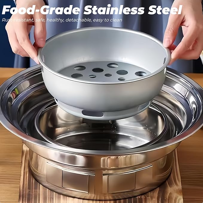 13.7 inch BBQ Charcoal Grill, Stainless Steel Round Korean Barbecue Grill, Portable Indoor Charcoal Grill with Grill Pan & Grill Net, Smokeless, Non-stick, for Indoor Grilling Outdoor Cooking Party