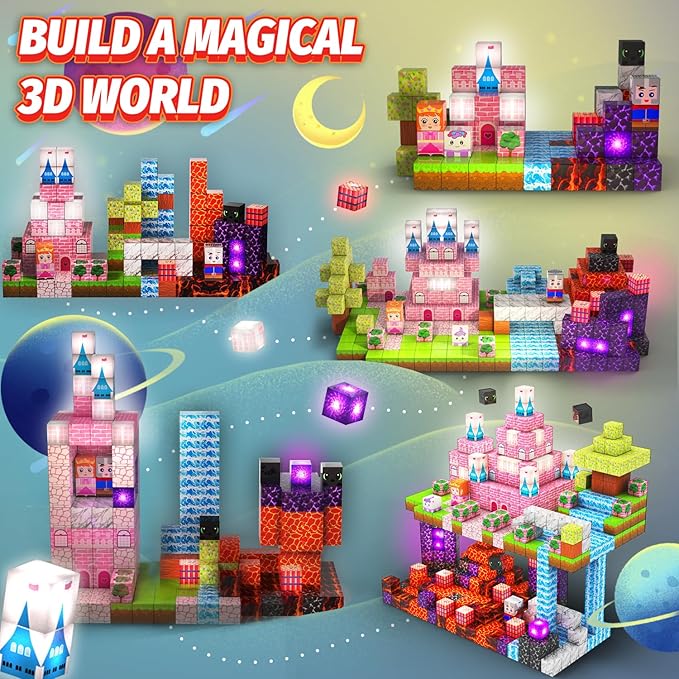 100PCS Magnetic Blocks with Light Up for Kids, 1-inch Rechargeable Magnet Construction Tiles with Princess Castle Theme, Building Toy Birthday Gifts for Boys Girls Age 3+ Years Old
