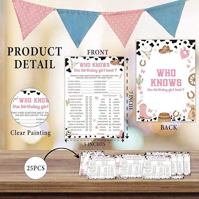 Birthday Games, Who Knows The Birthday Girl Best, 25 Cowgirl Fill-in Game Cards for Girls Sleepover Party Supplies Favors Decorations - A04