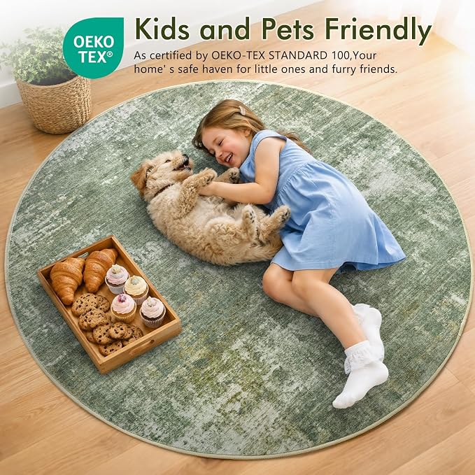 6Ft Round Area Rugs for Living Room, Soft Non-Slip Washable Rugs Modern Abstract Pattern Carpet for Bedroom Indoor Floor Nursery Home Decor (Green)