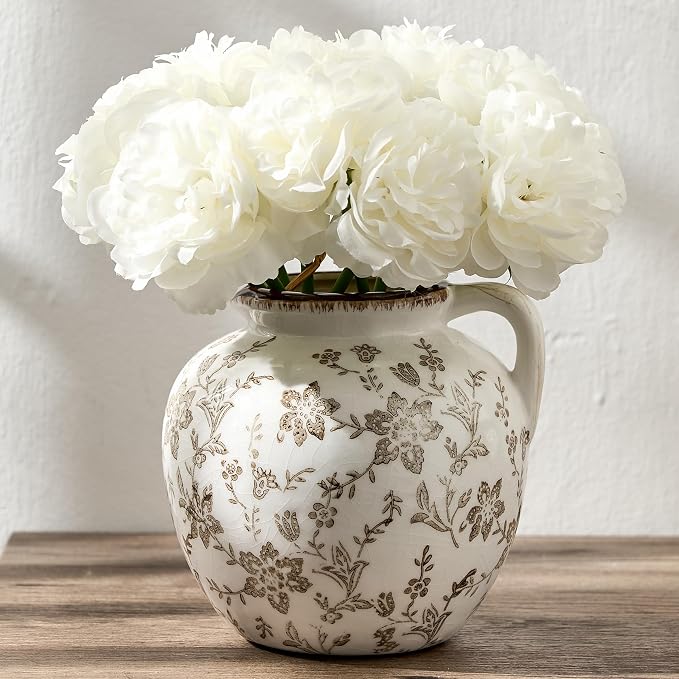 5.39 Inch Vintage Brown Chinoiserie Floral Vase, Antique Rustic Ceramic Vase for Home Decor, Living Room, Bookshelf, Office, Entryway, Garden, Chinoiserie Decor, Tuscan Decor