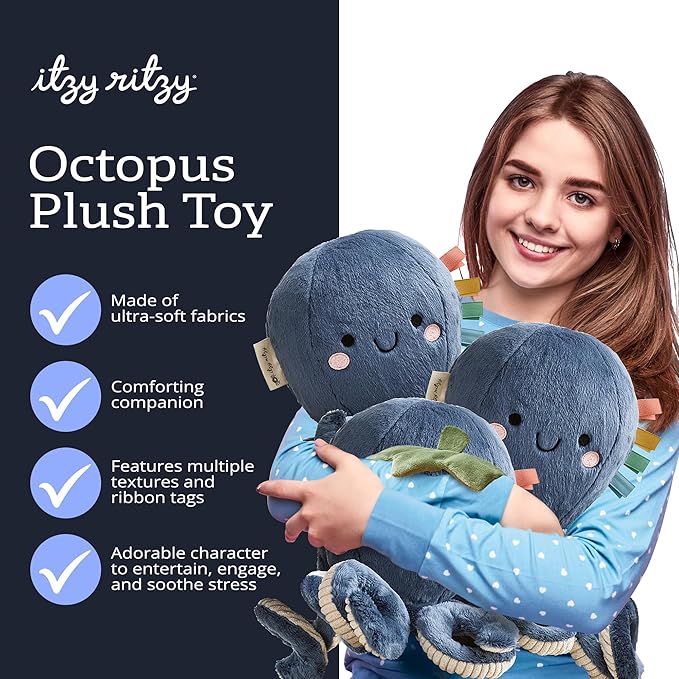 Itzy Ritzy Snuggles Plush Toy – Soft Stuffed Animal for Babies, Kids & Adults – Sensory Ribbons & Textured Fabrics for Tactile Play – Cozy & Cuddly Companion for Newborns & Up (Octopus)