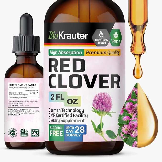 BIO KRAUTER® Perimenopause & Menopause Supplements for Women* - Red Clover Supplement 2 Fl.Oz 28-Day Supply - Vegan Red Clover Extract for Menopause Support & Women's Wellness - Alcohol & Sugar Free