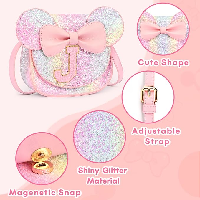 mibasies Toddler Purse Girl Gifts: Girls Birthday Gifts for 3-8 - Toys for Ages 2-4 Girls Mouse Ears Purse, Glitter Rainbow, Letter J