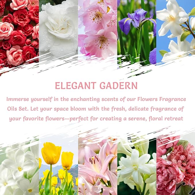 Floral Fragrance Oil Gift Set, Top 10 Scented Essential Oils for Diffusers for Home- Jasmine, Sakura, Rose Oil & More Diffuser Oil Scents, Long Lasting Scented Oils for Soap Candle Making, 10ml x 10