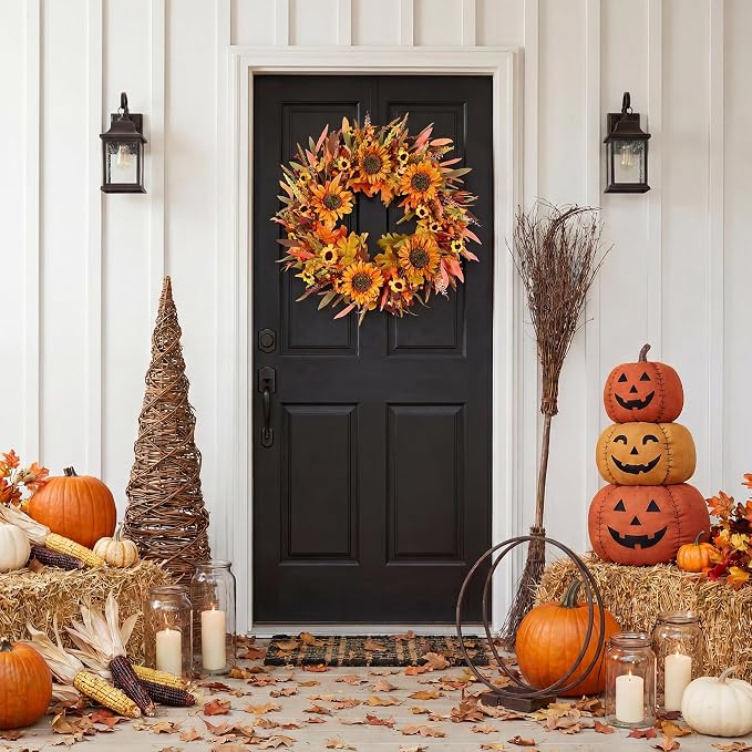 22" Fall Wreath Front Door Sunflower Artificial Wall Decor Farmhouse Autumn Wreath Thanksgiving Home Porch Outdoor Indoor Holiday Harvest Decor