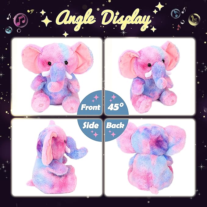 Hopearl Colorful LED Musical Stuffed Elephant Lighting Up Singing Plush Elephish Adjustable Volume Lullaby Animated Soothe Birthday Festival for Kids Toddlers, Rainbow, 11''