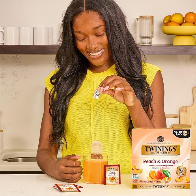 Twinings Peach & Orange Herbal Tea Individually Wrapped Bags, 100 Count (Pack of 1), Juicy & Fruity, Naturally Caffeine-Free, Enjoy Hot or Iced, 100 Teabags