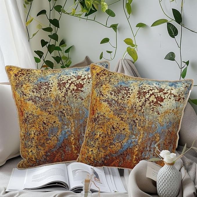 KSLIDS Brown Rust Soft Velvet Throw Pillow Covers Set of 2 Gold Orange Teal Rustic Decorative Pillow Covers 18x18 Inch Rusty Copper Metallic Bronze Pillow Case for Sofa Couch Living Room Home Decor