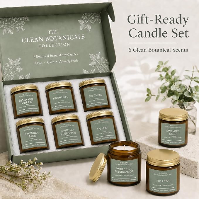 Scented Candles Gift Set for Women, Clean Botanicals Collection, 6 Pack 3.5 oz Natural Soy Wax Candles in Amber Glass Jars, Aromatherapy Gifts for Mom Birthday Housewarming, Lavender Sage
