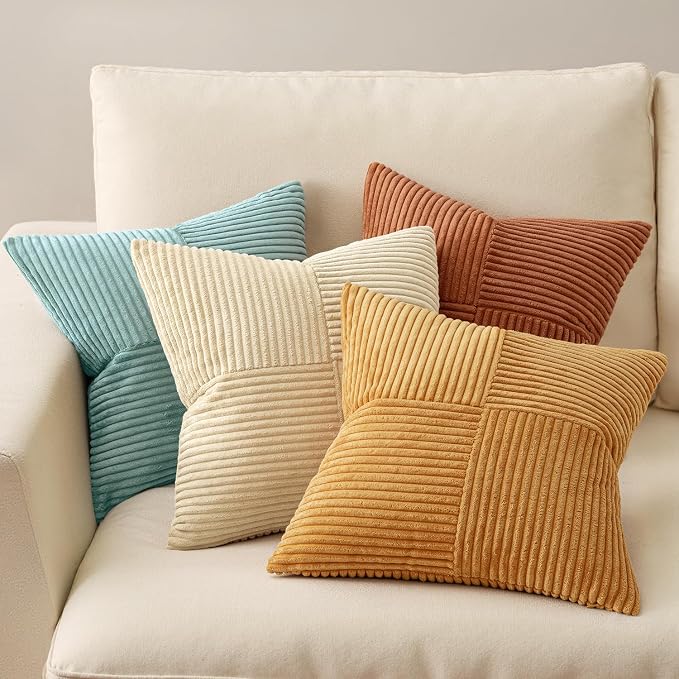MIULEE Fall Boho Farmhouse Decorative Throw Pillow Covers 18x18 Inch 4 Packs Soft Vintage Pillow Cases Modern Corduroy Patchwork Cushion Covers for Couch Sofa Bed Home Decor, Teal-Rust