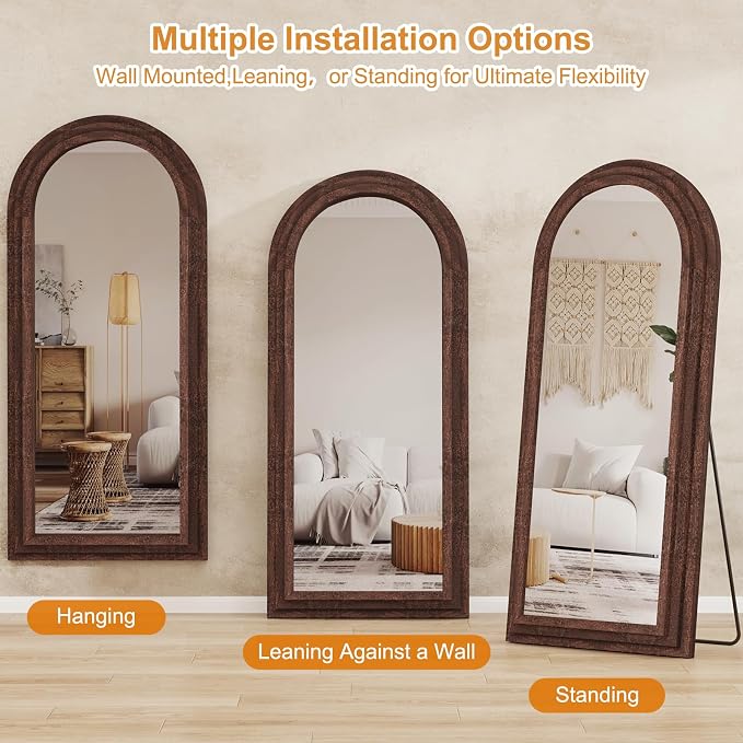 ZHUNFA External Three-Layer Arched Full Length Mirror with Solid Wood Frame | 65x22 Modern Farmhouse Decor Standing Mirror Full Length, Wall Mounted, Leaning, Standing for Bedroom, Living Room, Brown.