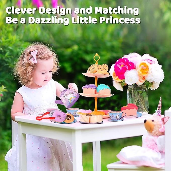 55Pcs Tea Party Set for Little Girls, Princess Tea Party Set, Unicorn Kid Tin Tea Set,Kids Kitchen Pretend Toy, Toddler Tea Party Set for Girl 3-5, Tea Party Easter Birthday Gift for 4 Year Old