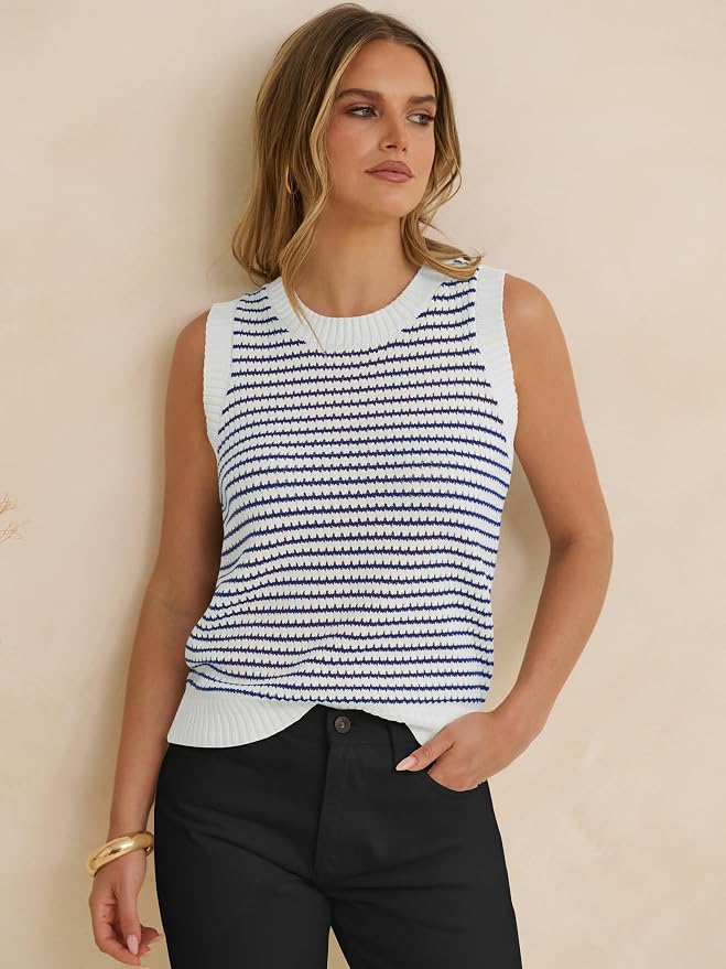 ANRABESS Womens Sleeveless Sweater Vest Striped Tank Tops | Crochet Knit Crew Neck, Lightweight Soft Comfy, Vacation Travel Work Casual Outfits, Sping Summer Layering Clothes