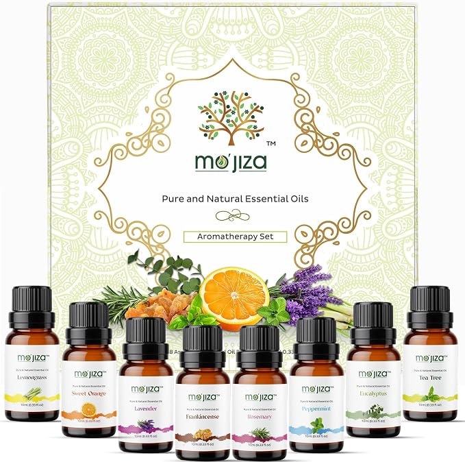 MO'JIZA Pure Aromatherapy Essential Oils Gift Set, 8 Oils-Lavender, Tea Tree, Peppermint, Frankincense, Rosemary, Sweet Orange, Lemongrass, Eucalyptus, 10ml Each Certified Kosher, Vegan & Cruelty Free