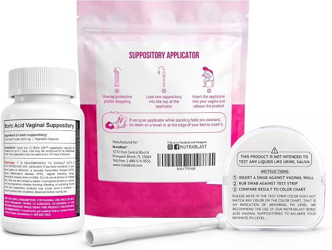 NutraBlast Boric Acid Suppositories 600mg (30 Count) Bundle with Disposable Suppository Applicators (15-Pack) and Feminine pH Test Strips 3.0-5.5 (100 Tests Roll)
