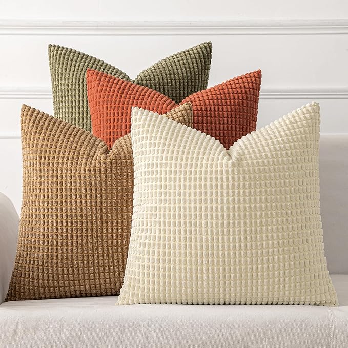 MIULEE Farmhouse Decorative Pillow Covers 20x20 Inch Set of 4 Brown Green | Modern Natural Rustic Throw Pillows, Neutral Warm Soft Corduroy Couch Pillowcases, Home Decor for Sofa Living Room Bed