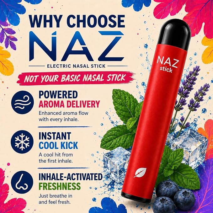 Naz Menthol Herbal Nasal Stick - Spearmint, Camphor, Eucalyptus Extracts w/Mist Electric Nasal Inhaler for Aromatherapy, ICY Refreshing & Instant Focus Herbal Diffuser Pen - 3Pak