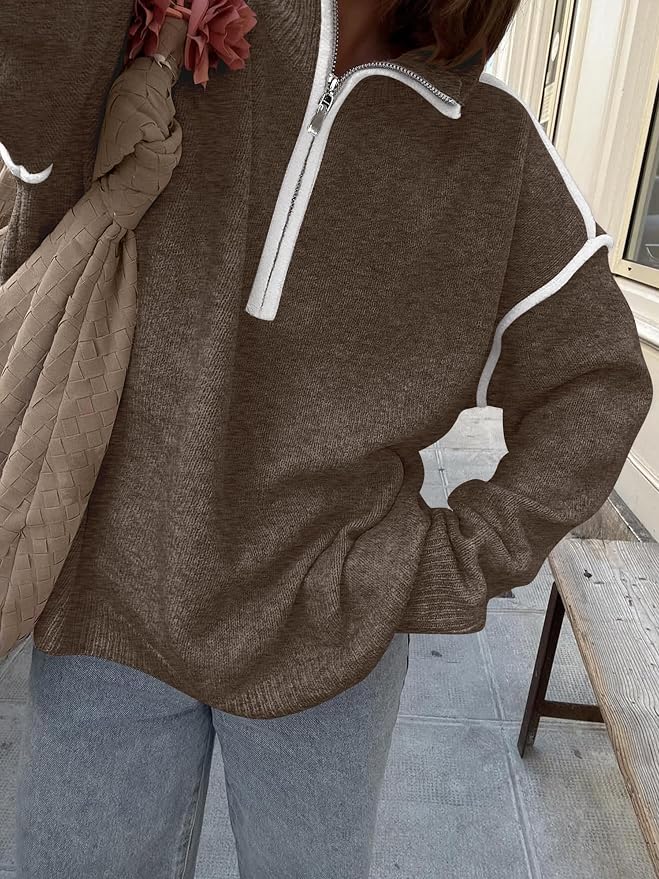 ANRABESS Womens Quarter Zip Sweaters Fall Long Sleeve V Neck Shirts Collared Business Casual Tops Knit Pullover Sweatshirts