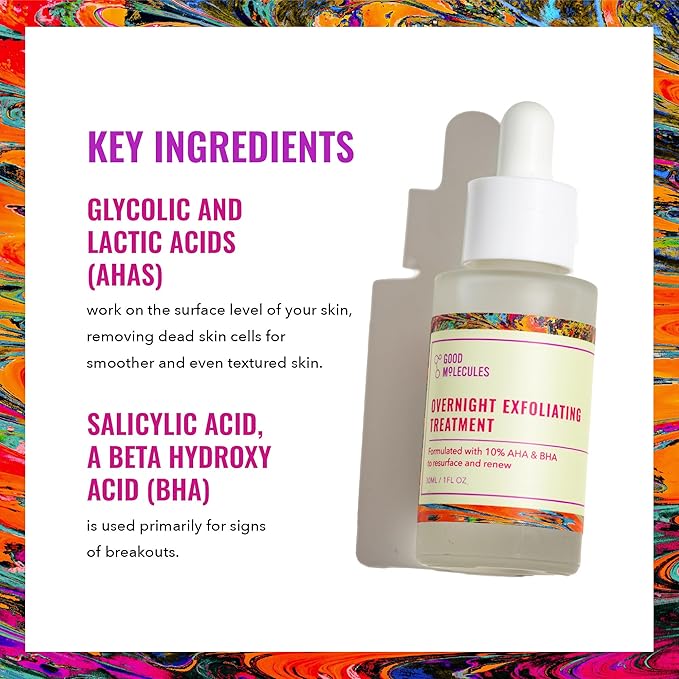 Good Molecules Overnight Exfoliating Treatment - Face Exfoliator with AHA & BHA Lightweight Formula - Pore Minimizer, Facial Skin Care with Glycolic & Salicylic Acid