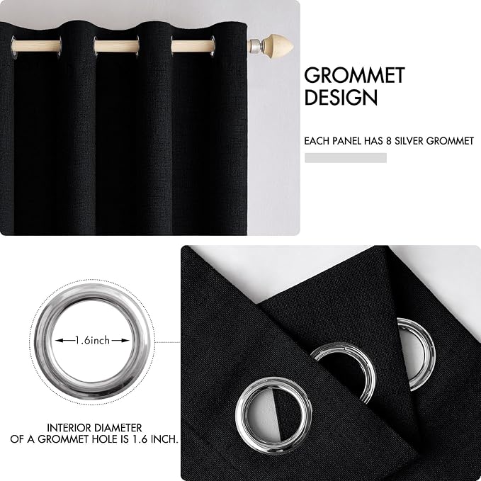 MIULEE Linen Texture Curtains for Bedroom Solid 100% Blackout Thermal Insulated Halloween Black Curtains Grommet Room Darkening Drapes for Living Room 52x96 Inch (2 Panels)
