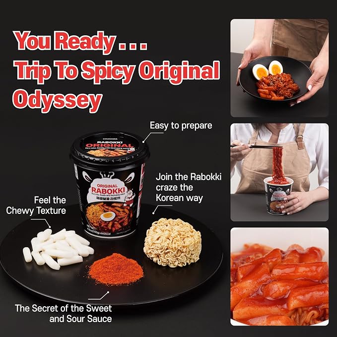 KINIKORA Swicy Instant Rabokki Cup 2-Pack, Korean Tteokbokki & Ramen | Topokki style Korean street food, Chewy rice cakes with ramen, Quick 3.5 min microwave cup meal