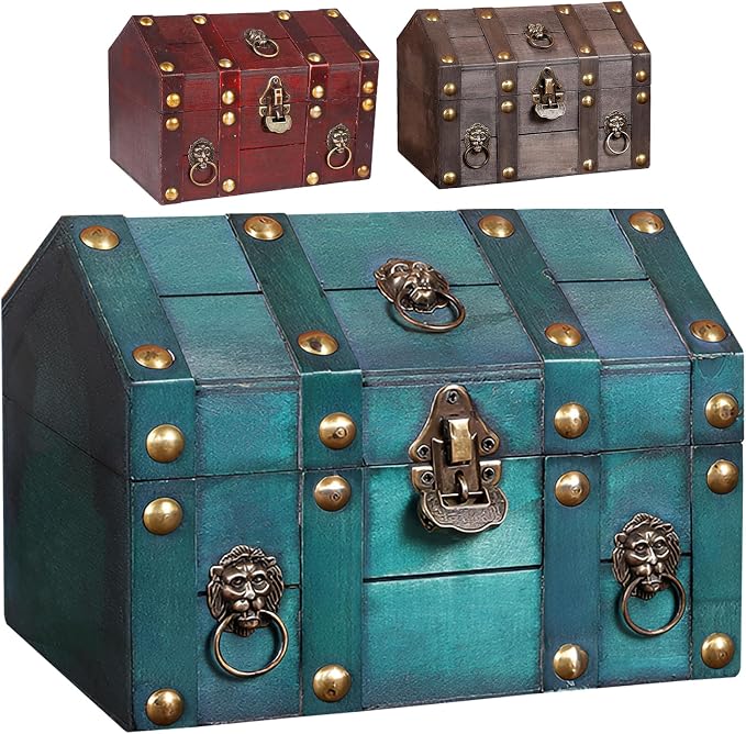 Large Vintage Wooden Treasure Chest Antique Box with Metal Lock | Wood Jewelry Box Storage Decorative Boxes Handmade Rectangle Organizer for Women Ring Necklace Earring Coins Collectibles