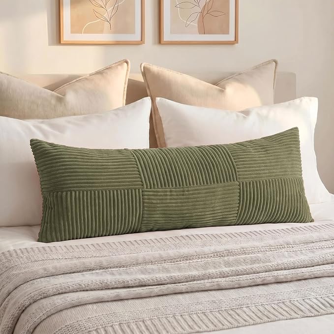 Fancy Homi Set of 2 Olive Green Boho Long Lumbar Body Decorative Throw Pillow Cover 14x36 Inch for Bed Couch Bedroom Bench, Soft Patchwork Corduroy Textured Pillow Case, Rustic Farmhouse Room Décor