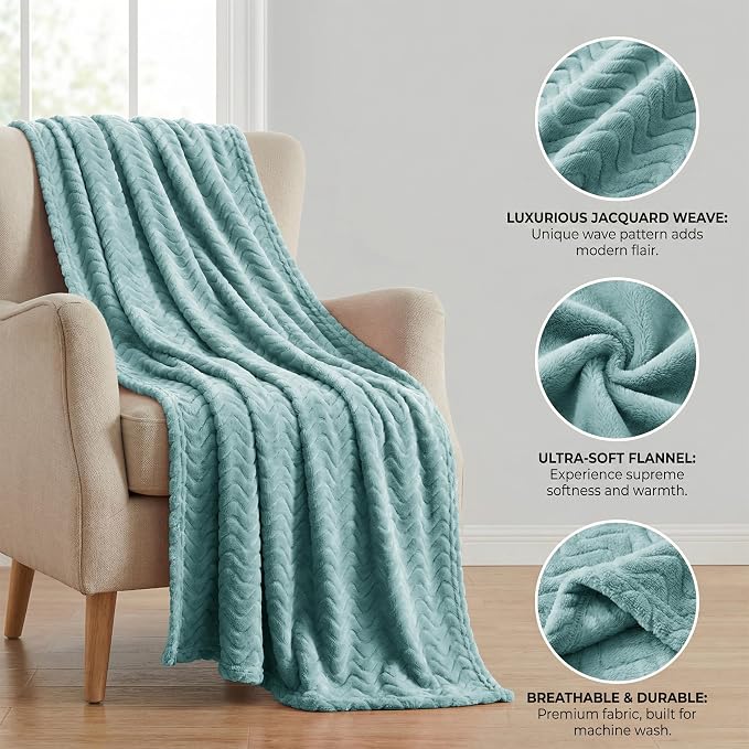 Exclusivo Mezcla Large Fleece Throw Blanket for Couch, Sofa, Celadon | 50"x70" Soft Breathable Lightweight Flannel Throws for Summer, Plush Cozy Jacquard Wave Blanket for Home Decor
