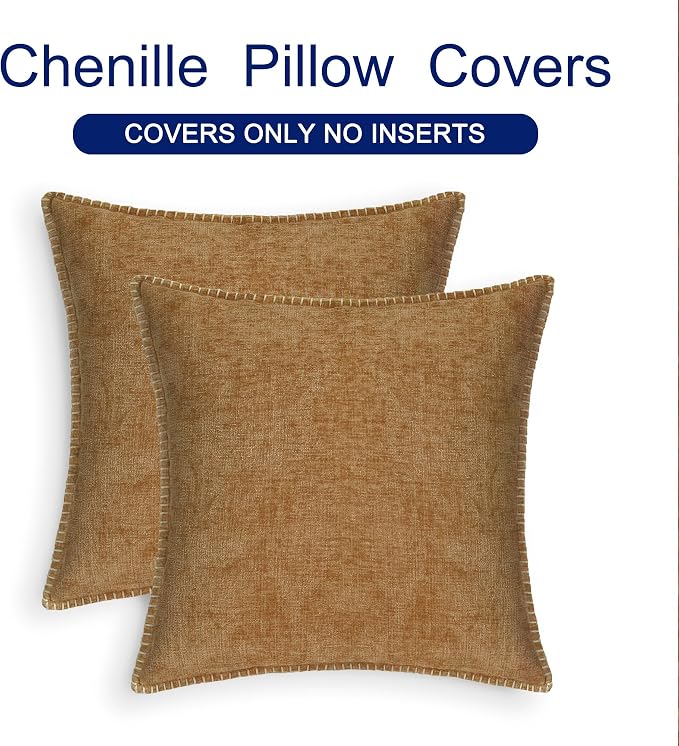 CaliTime Decorative Couch Throw Pillow Covers 24 X 24 Inches Apricot Brown | Pack of 2, Cozy Chenille Cushion Cases, Cotton Thread Stitching Edges, for Sofa Bed Living Room Farmhouse