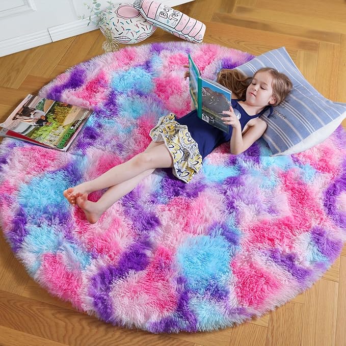 Amdrebio Pink Blue Purple Round Circle Area Rug 4Ft for Girls Bedroom, Fluffy Cute Fuzzy Colorful Pastel Kids Rugs for Nursery Playroom Classroom Dorm, Shag Princess Carpet for Baby Toddler Teen