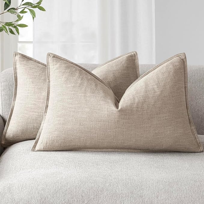 Foindtower Pack of 2, Decorative Linen Solid Throw Pillow Covers Soft Accent Lumbar Cushion Case Farmhouse Pillowcase for Chair Couch Sofa Bedroom Living Room Home Decor 12 x 20 Inch Natural Linen
