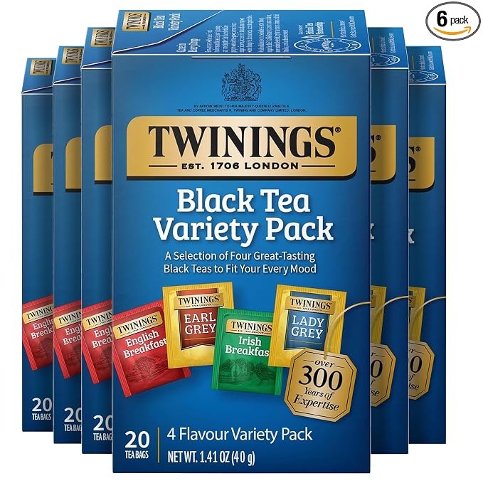 Twinings Variety Pack Black Tea Bags, 20 Count (Pack of 6), Includes English Breakfast, Early Grey, Irish Breakfast, and Lady Grey, Caffeinated, Enjoy Hot or Iced, 120 Teabags