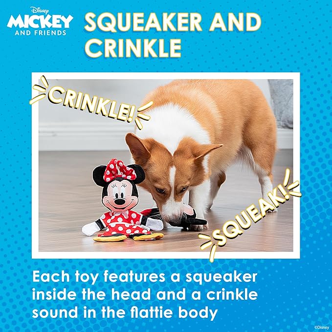 Disney for Pets Mickey Mouse & Minnie Mouse Plush Squeaker with Crinkle Flattie Body Dog Toy Set Dog Toys | Plush Squeaker Toy for Dogs Inspired by Mickey Mouse, 13.5in - 2 Pack