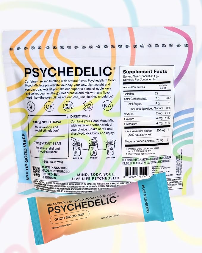 Psychedelic Water Calming Kava Drink Mix (14x5.5g) Flavored Kava Powder - Calming Drink Powder Packets - Easy Open Single Serving Drinks - 14 Calm Packets - Blue Raspberry