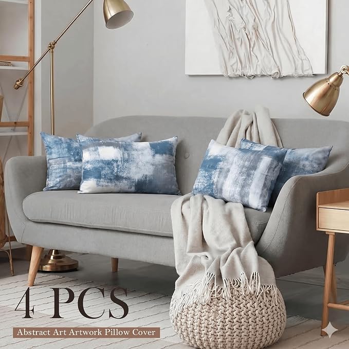 Modern Abstract Throw Pillow Covers 12x20, Blue & Grey Set of 4 | Double-sided vibrant artwork accent cushion covers. Perfect decorative pillows for couch, sofa, bed, and living room.