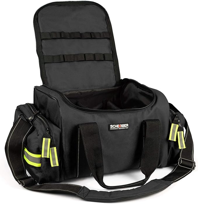 Scherber First Responder Fully-Stocked Large Professional Essentials EMT/EMS Trauma Kit | HSA/FSA Approved | Reflective Bag w/8 Zippered Pockets & Compartments & 250+ First Aid Supplies (Black)