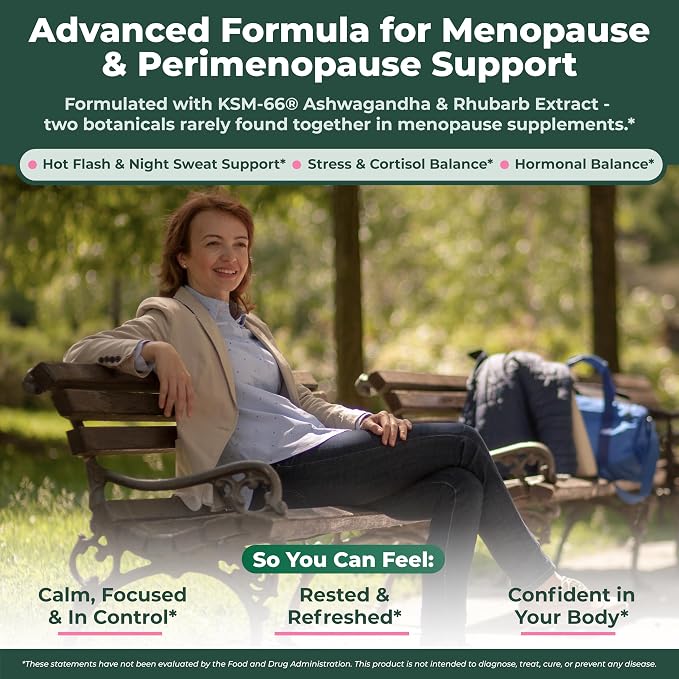 PurePremium Menopause Supplements for Women with KSM-66® Ashwagandha, Rhubarb Extract & Black Cohosh - Hot Flashes, Night Sweats, Perimenopause Support - Hormone Balance & Cortisol Support - 60 Count