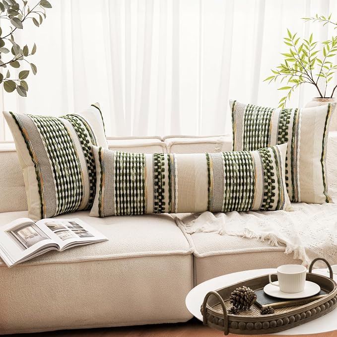 ANRODUO Boho Decorative Pillow Covers 18x18 Dark Green Stripe Pack of 2 | Throw Pillow Covers, Farmhouse Cushion Case, Chenille Pillow Cases, Pillow Covers, Accent Neutral Pillowcase for Sofa Couch