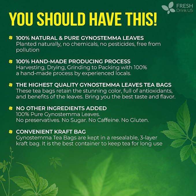 FreshDrinkUS, Premium Gynostemma Tea Bags (Jiaogulan) | 135 Count | Naturally Smooth & Earthy Caffeine-Free Herbal Tea – Plant-Based Tea Bags for Daily Enjoyment. Caffeine Free, Sugar Free. Vegan