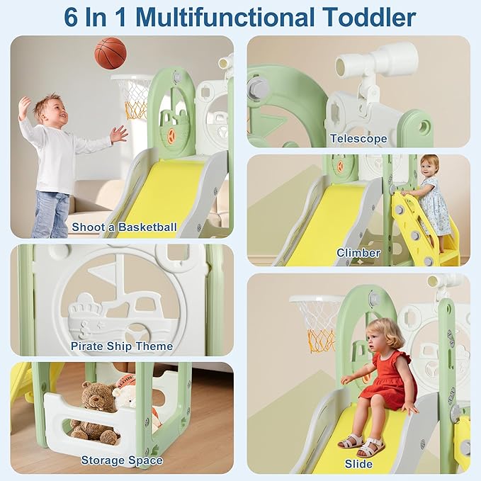 6 in 1 Toddler Playset Toddler Slide and Climber Playset, L-Shaped Kids Slide with Basketball Hoop, Telescope & Storage, Sturdy Indoor Outdoor Playground, for Boys Girls 1-3+