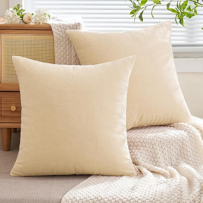 MIULEE Beige Chenille Couch Throw Pillow Covers, 18x18 | Set of 2, Soft Neutral Modern Farmhouse Home Decor, Decorative Pillowcases for Sofa Living Room Bed